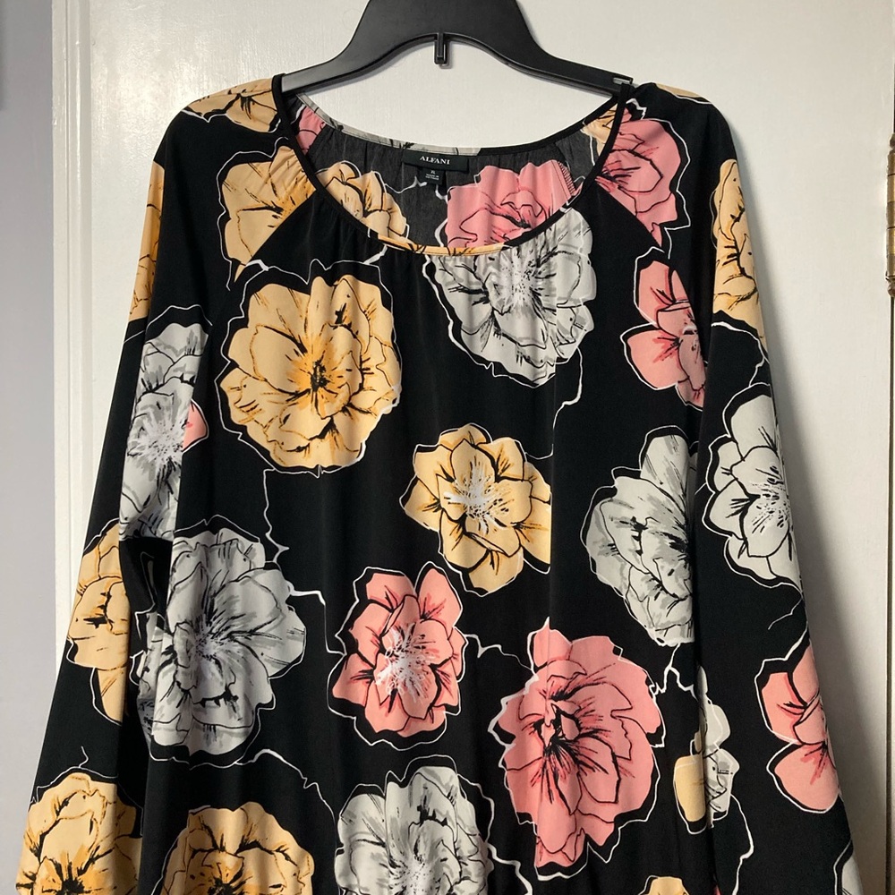 Alfani Black Floral Blouse with Pink and Yellow Accents XL